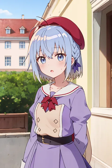 1girl, haiselita aldridge, anime screencap, solo, blue hair, beret, blue eyes, looking at viewer, ahoge, blush, eyebrows visible...