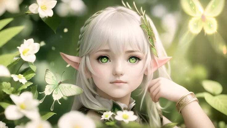 innocent child 12 year old, ((elven ears)), (swf: 1.5) with green eyes and white hair holding a green leaf in front of her face ...