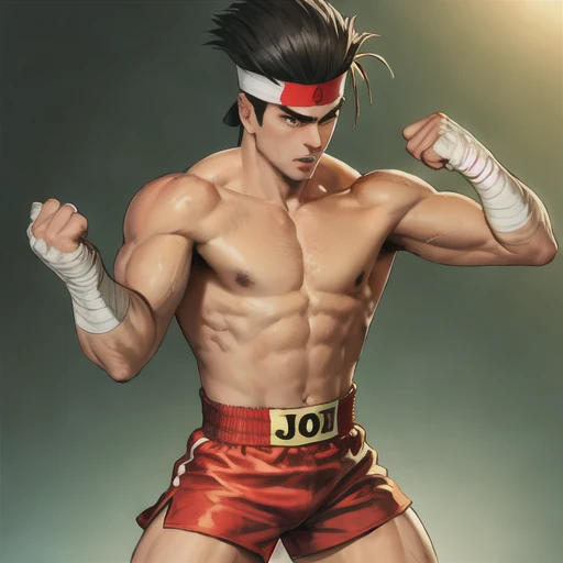 masterpiece, highquality, handsome, joehigashi, headband, spiked black hair, orange shorts, hand wrap, fighting pose  <lora:joeh...