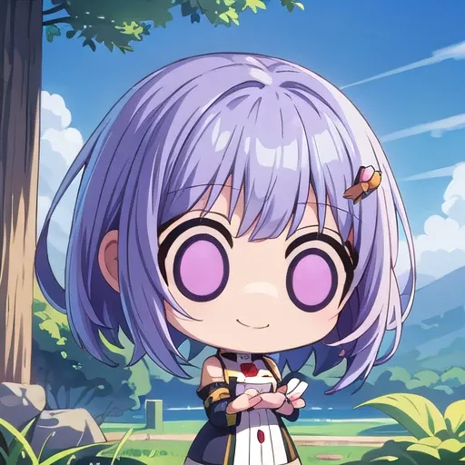 <lora:hotarueye_whiteeye9_v100:1.5>, 1girl, (chibi:1.4), smile, closed mouth, dynamic angle, standing, , purple hair, outdoor