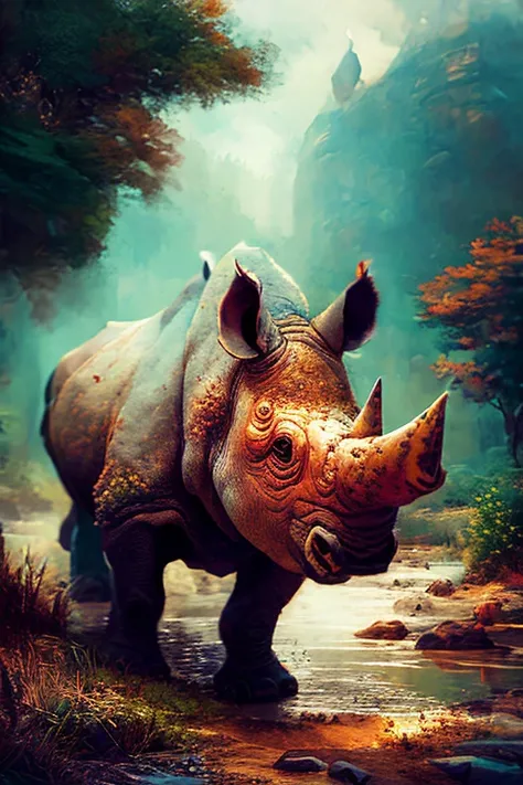 medium low angle shallow focus shot of (Rhinoceros:1.2), (beautiful scenery), Subsurface scattering, Rimlight, bokeh background, caustic reflections. art by norman rockwell and (ChemPunk-96 :0.1), smoose-2-500
