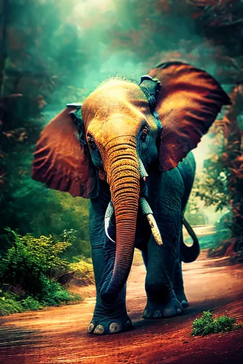 medium eye level deep focus shot of (Elephant:1.2), (beautiful scenery), Subsurface scattering, Rimlight, bokeh background, caustic reflections. art by norman rockwell and (ChemPunk-96 :0.1), smoose-2-500