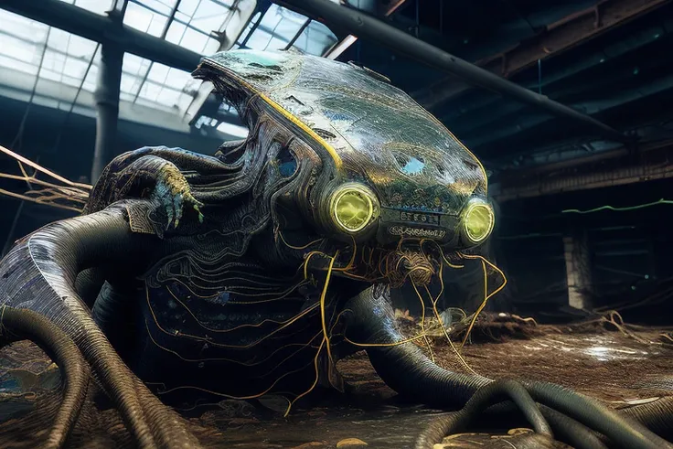 fking_scifi_v2 photorealistic photo of an (((soft organic tissue werecreature aliens))) ((group)) with (futuristic mechanical glossy parts:1.3), (smooth glossy moist reflective skin:1.5), ((slick skin, slime, tubes, wires, oled displays)), ((organic tissue...