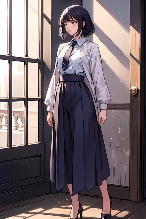 anime girl in a long skirt standing in front of a door