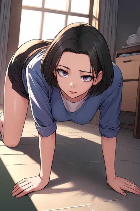 anime girl doing push ups on the floor in a room