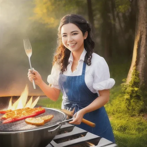 award winning portrait photo of a young woman cooking in an outdoor grill, 
smile, joking, digital painting, concept art, smooth...