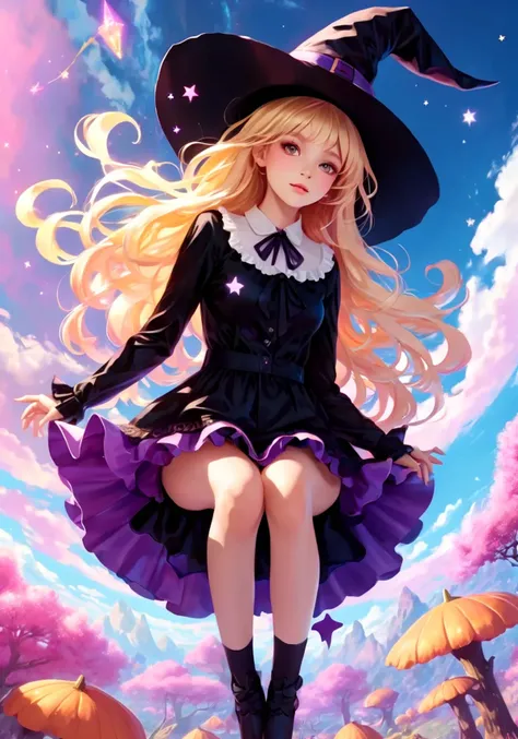 highres,best quality,natural, A psychedelic world spreads out below, Witch kawaii girl floating in the sky Wearing a witch hat Frilled fantasy costume Blonde straight hair