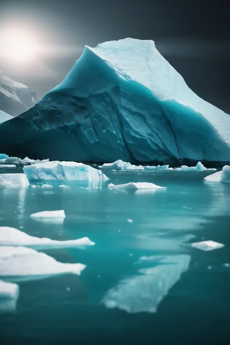 there is a large iceberg floating in the water with a sun shining