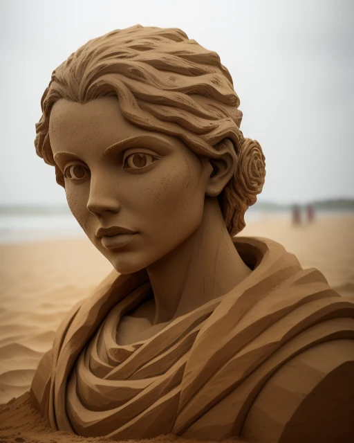 a close up of a sand sculpture of a woman on a beach