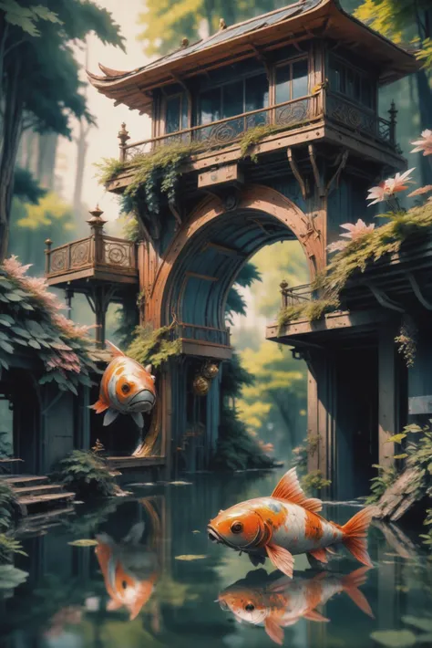 anime style, bronze forest automaton, koi pond in a city park in a abandoned scifi hillside metropolis outside of time, masterpi...