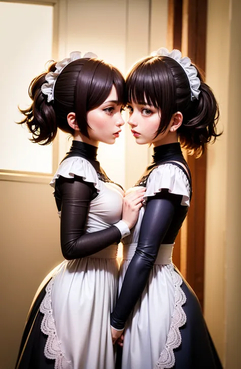 absurdres,2woman,(brown eyes),blue eyes, <lora:kaede_to_suzu:0.8>, (maid:1),breast press,symmetrical docking,holding hands,(uppe...