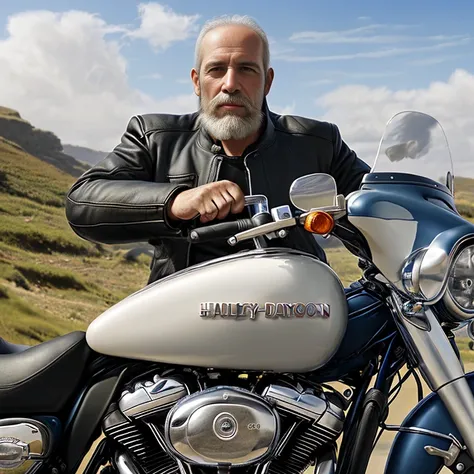 ,award-winning  realistic digital painting, 

(outdoors, rugged mature  bearded biker on a Harley Davidson motorbike , coastal road  :1.2), (by Alphonse Mucha:1.2, midjourney style, (by Greg Rutkowski:1.1), highest quality, (detailed face and eyes:1.2), na...