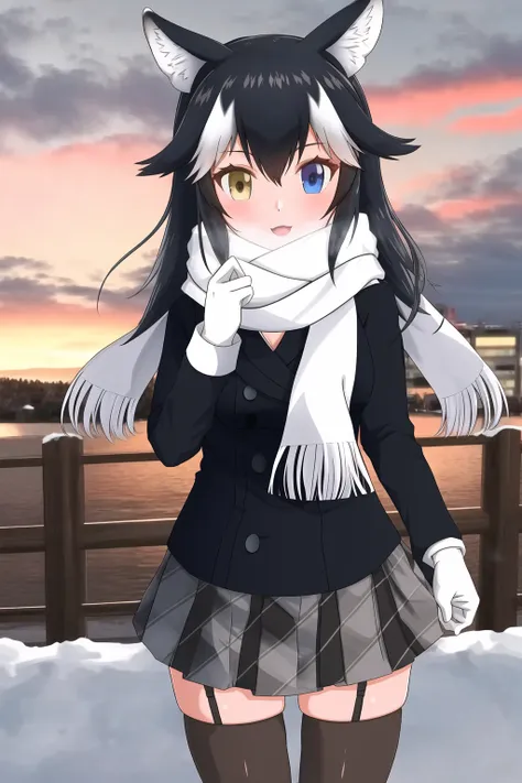 1girl, dark hair, heterochromia, kemono friends, stockings, scarf, winter city background, animal ears, pleated skirt