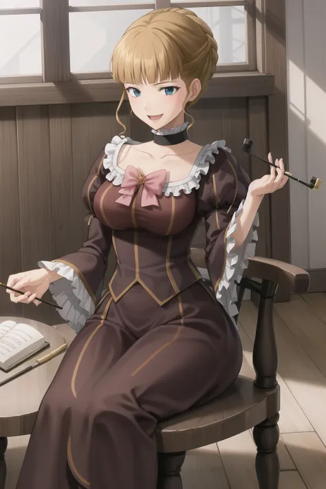 ((masterpiece)), (best quality), (detailed),light smile,sitting,indoor,chair,smoking pipe, beatrice \(umineko\)