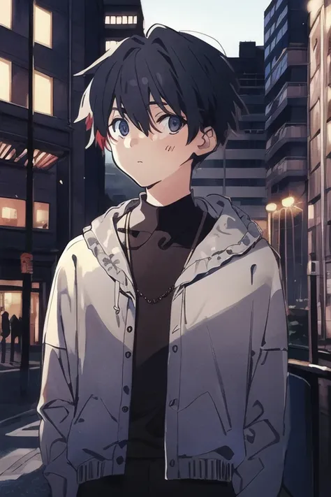 <lora:trou:1>,1boy,upper body,hooded jacket, street,city,public,many people