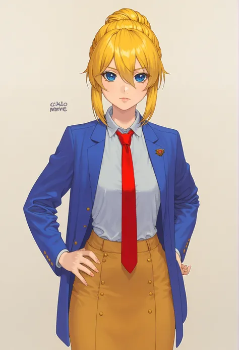 score_9, score_8_up, score_7_up, 4rch0n, source_anime, 1girl, dress shirt, blazer, open jacket, blonde hair, long sidelocks, bangs, hair between eyes, updo, jitome, flat-top eyes, necktie, hand on own hip, cowboy shot, looking at viewer, <lora:Carlo_Montie...