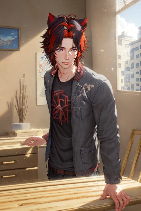 anime guy with red hair and black shirt standing in a room