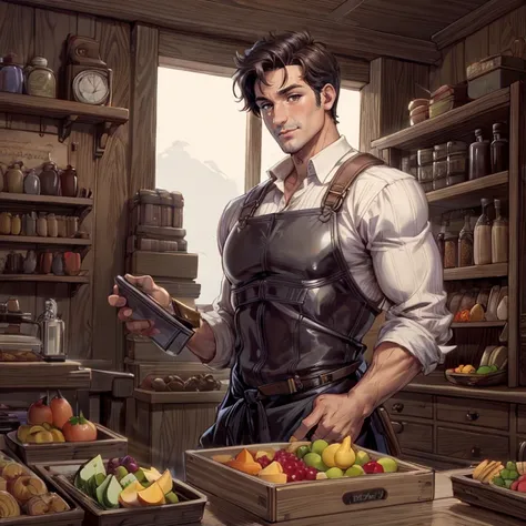 there is a man standing in a kitchen with a tray of fruit