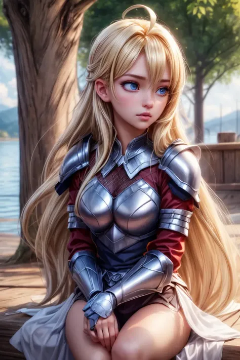 (detailed eyes:1.3), Beautiful Lighting, (1girl:blue  eyes, blonde hair, absurdly long hair, hair between eyes, ahoge), (real skin), <lora:l - L| :1>, <lora:y:1>,  outdoors, 
 <lora:Lkn_Down_512_default_v3:0.8>, sitting, 4k, waist up shot, centered, detai...