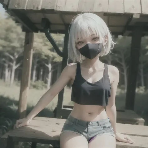a very young girl sitting at a wooden table in the forest, (short hair), (white hair), (blue denin shorts), (black crop top), (best quality), (masterpiece), girl, cropped torso, good shadows, good colors