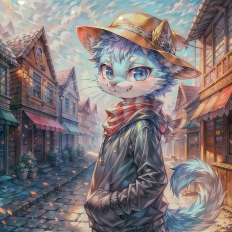 masterpiece, best quality, intricate details, professional illustration, anthro, blue furry, (whiskers), solo child boy, scarf, hat, hoodie, cross arm, smirk, town, far shot, (by kekitopu:1.1) <lora:more_details:0.4> <lora:add_detail:0.4>