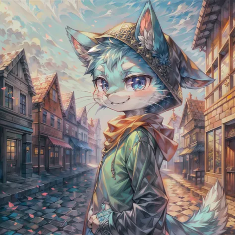 masterpiece, best quality, intricate details, professional illustration, anthro, blue furry, (whiskers), solo child boy, scarf, hoodie, hood, cross arm, smirk, town, far shot, (by kekitopu:1.1) <lora:more_details:0.4> <lora:add_detail:0.4>