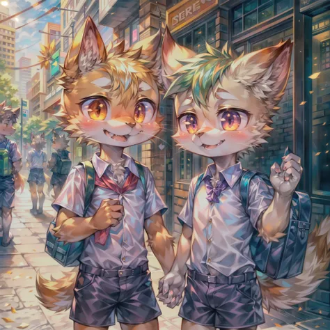 masterpiece, best quality, intricate details, professional illustration, anthro, furry, whiskers, two child cat boys, school uniform, shorts, school bag, sunny city street, (by kekitopu:1.1) AS-YoungerV2 <lora:add_detail:0.3> <lora:more_details:0.3>