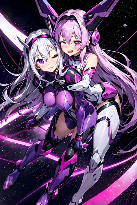 2girls, silver hair, long hair, pink eyes, purple eyes, mecha musume, purple bodysuit, purple headgear, purple knee boots, pink bodysuit, pink headgear, pink knee boots, large breasts, hug from behind, hug, one eye closed, smile, blush, science fiction, la...