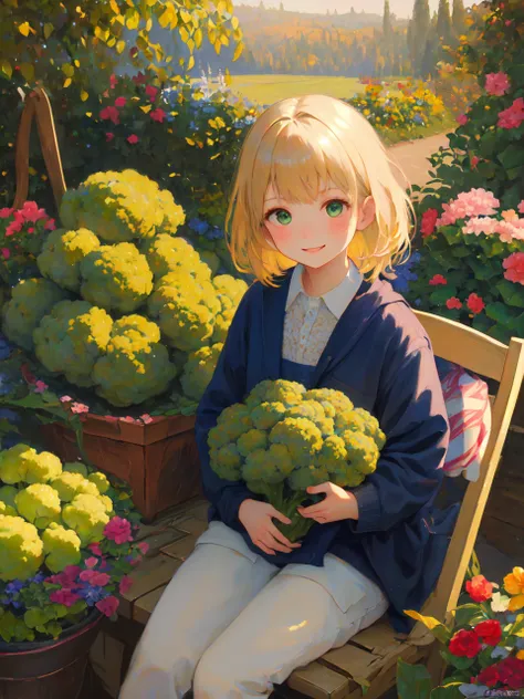 oil_painting, generate an image featuring a girl holding a head of broccoli in a natural setting, such as a garden or a farm. th...