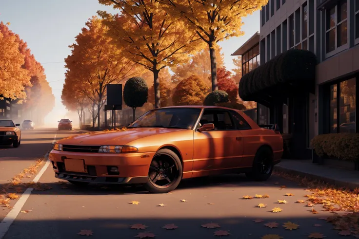 skyliner32, sports car parked on a street covered with leaves in autumn in a (city:1.3), fall, global illumination, volumetric l...