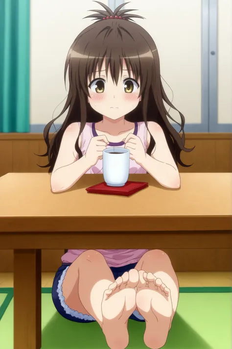 <lora:mikan_yuuki:0.7>, mikan yuuki, 1girl, solo, blush, sitting, shorts, barefoot, sweatdrop, feet, toes, soles, table, seiza, ...