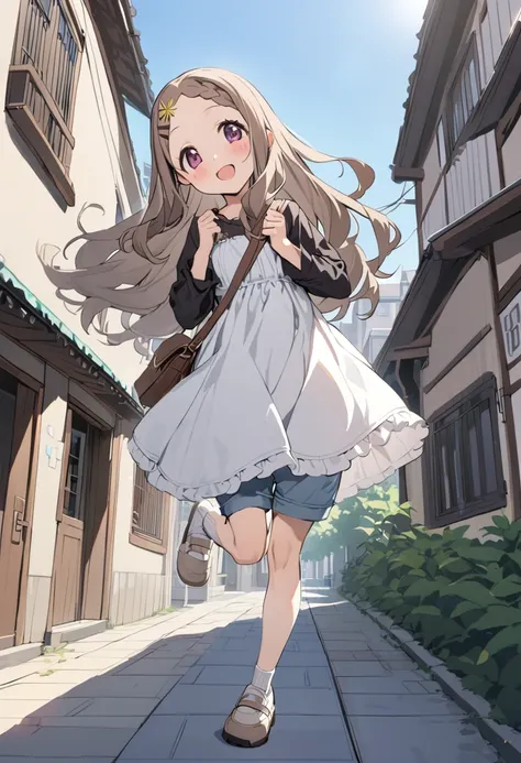 anime girl in a white dress running down a street