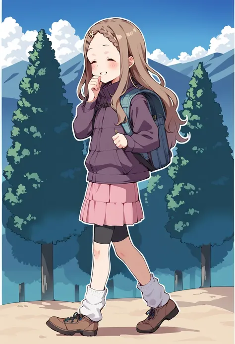 a cartoon girl walking in the woods with a backpack