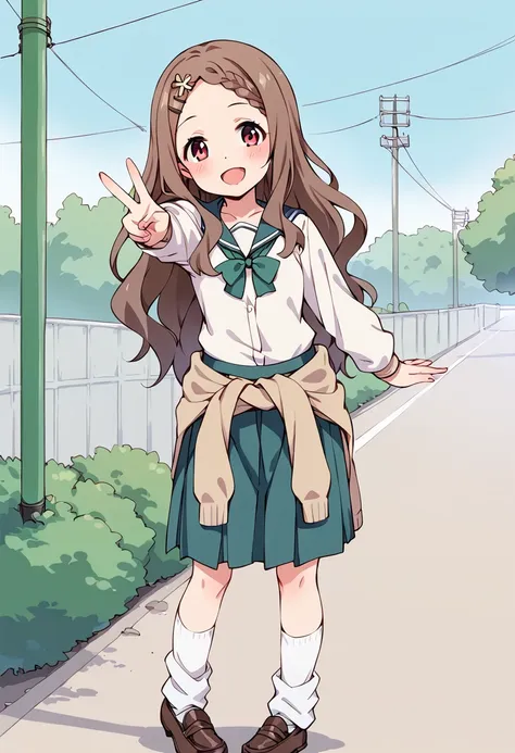 anime girl in school uniform standing on a street with her hand up