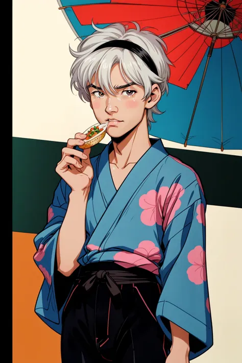 anime character with white hair and blue kimono eating pizza