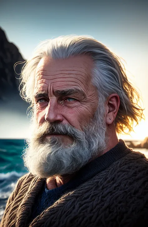 award winning portrait photo of an older male medieval grizzled sailor in a knitted sweater with wrinkles on face, ocean, waves,...