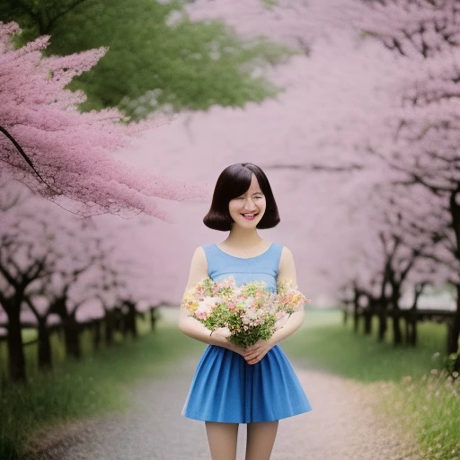 retro photography, 1960s , agfa, kodak, 1girl,  portrait, looking_at_viewer,  smile,  japan, tokyo, cherry blossom,  octane rend...