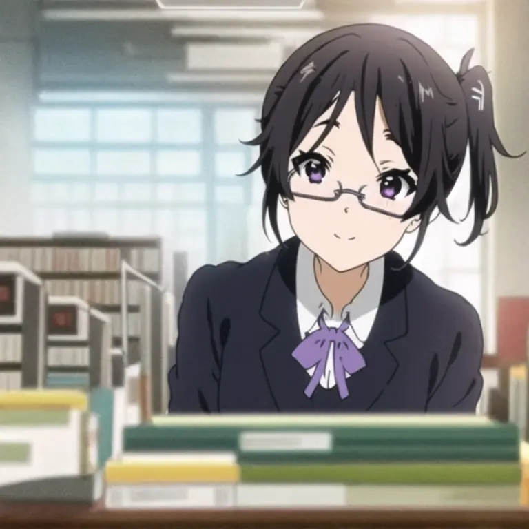 best quality, masterpiece, 1girl ashy-black hair with a side ponytail, violet eyes, frameless glasses, school uniform, library, ...