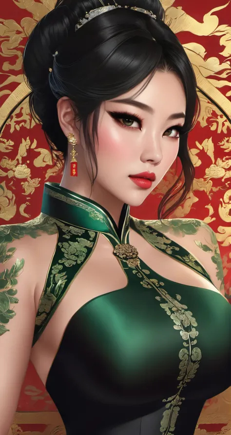 a woman in a green dress with a gold umbrella