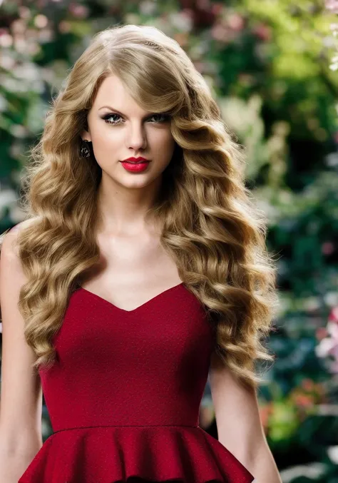 taylor swift (sharp focus:1.2), photo, attractive young woman, (beautiful face:1.1), detailed eyes, luscious lips, (bold red lip...