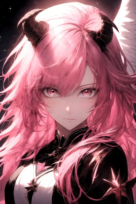 a female anime character with pink hair, in the style of manticore, vivid realism, shiny/glossy, caricature faces, realistic hyper-detail, celestialpunk, magenta and black, Niji Style, <lora:NijiStyle_Dusk-05:1>