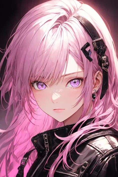 Niji Style,
a girl with light pink hair, wearing a black leather jacket, in the style of digital art techniques, cute and colorful, unreal engine 5, light purple, colorful portraits, cottagecore, realistic hyper-detailed portraits, <lora:NijiStyle_Dusk-05:...