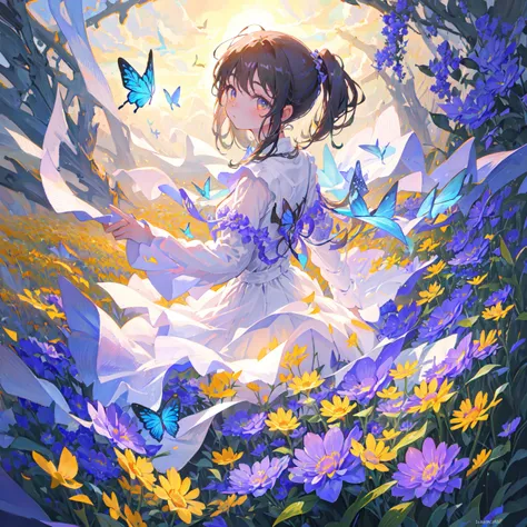 (masterpiece,best quality:1.4),ultra-detailed,illustration,
(solo,1girl,loli:1.2),
Flower field, flower, butterfly,