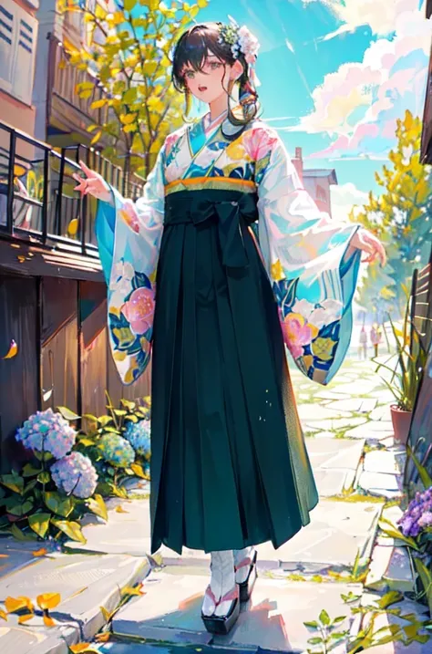 ((masterpiece, best quality, extremely detailed, insanely detailed, detailed CG, 8k wallpaper)), (1girl:1.4), super idol, perfect face, teen, outdoors, (summer cloud:1), (black hair, long hair, hakama, kimono:1.1), hair ornaments, walking, (hydrangea:1), (...