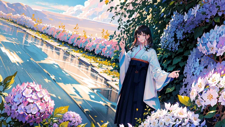 ((masterpiece, best quality, ultra-detailed, illustration)), (1girl:1.4), solo, super idol, perfect face, teen, (outdoors:1.2), (summer cloud:1), (black hair, long hair, hakama, kimono:1.1), hair ornaments, walking, green leaves, (purple hydrangea:1.1), (w...