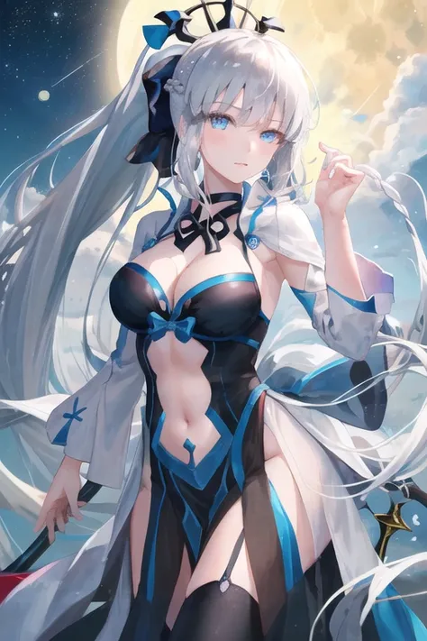 masterpiece, best quality,1girl, breasts, morgan le fay (fate), solo, blue eyes, long hair, ponytail, bow, braid, weapon, cleavage, very long hair, large breasts, black bow, looking at viewer, dress, hair bow, thighhighs, black dress, bangs, sidelocks, fre...