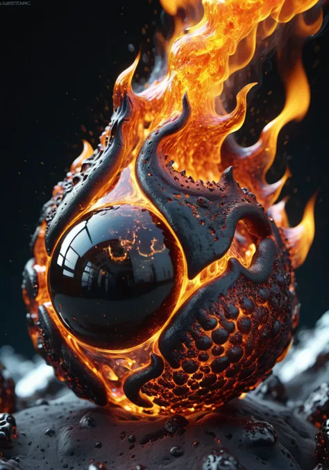 a close up of a fire ball with a black eye