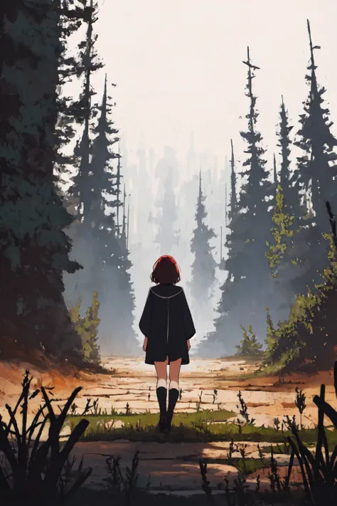 a painting of a woman walking down a dirt road in the woods