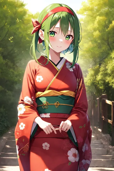 masterpiece, best_quality, 1girl, solo, gumi, kimono, outdoors, red headband