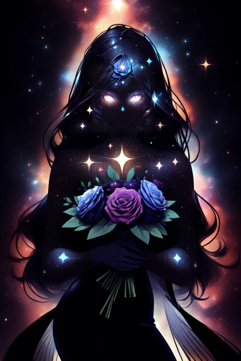 woman with long tar-black hair and blue eyes,holding bouquet of flowers,(glitter effect:0.7),dark celestialskin body,void cosmic body,colored skin,flat color,jet black skin,silhouette,<lora:CelestialSkin-20_1.2+kionantArtistStyle_v10_0.6:0.8>,